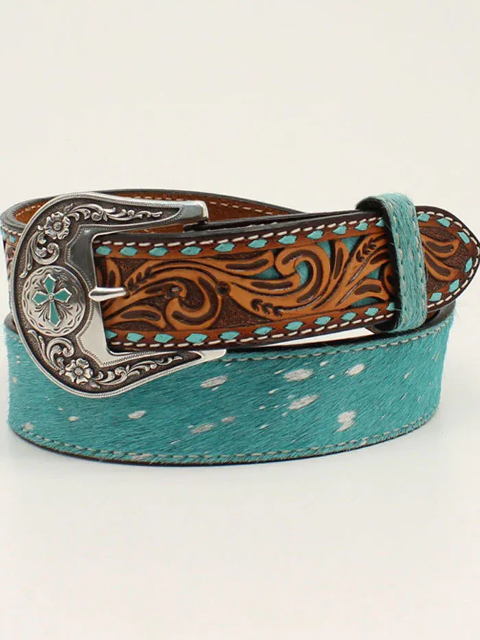 BUCKSTITCH TOOLED CALF HAIR TURQUOISE BELT