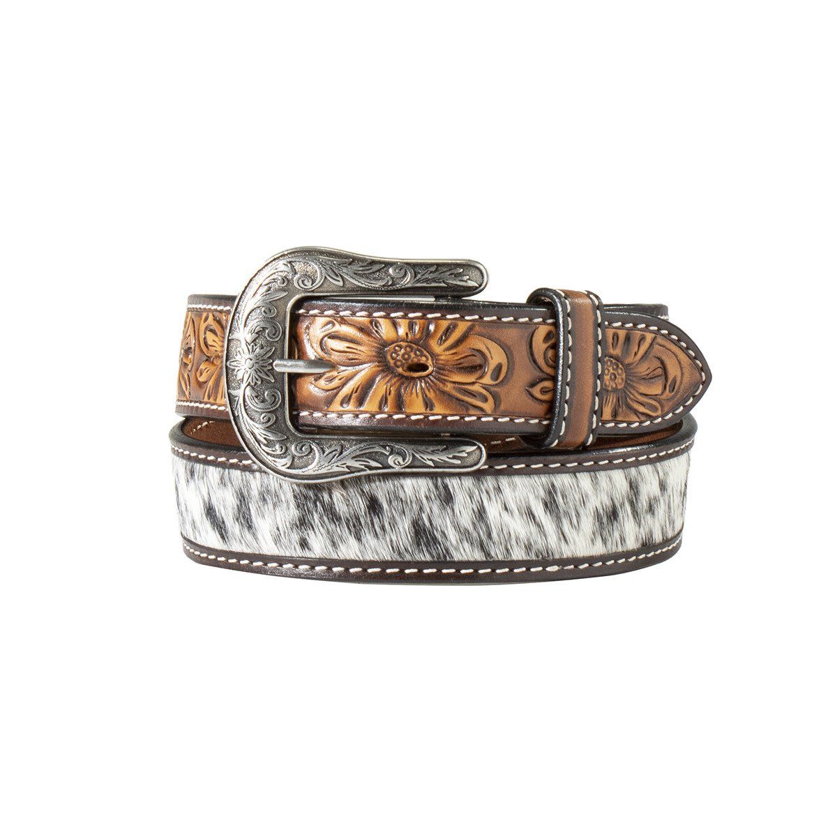 ANGEL RANCH LEATHER TOOLED CALF HAIR BROWN BELT