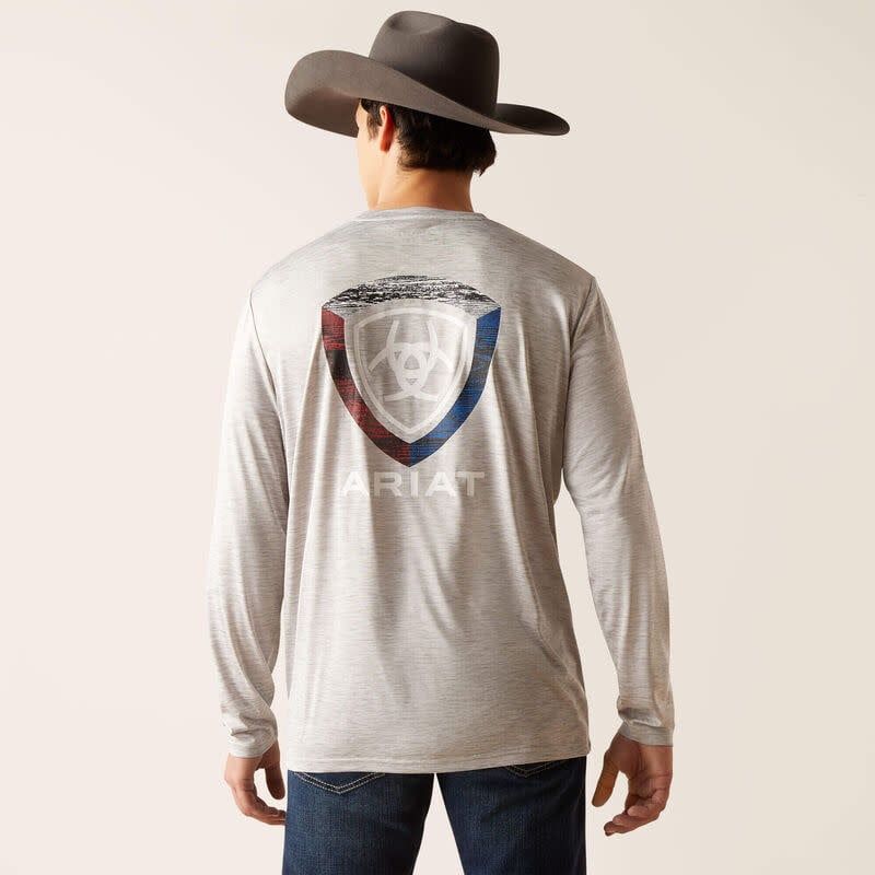 10047362 ARIAT MEN&#39;S CHARGER WOODGRAIN SHIELD L/S T-SHIRT GRAY HEATHER