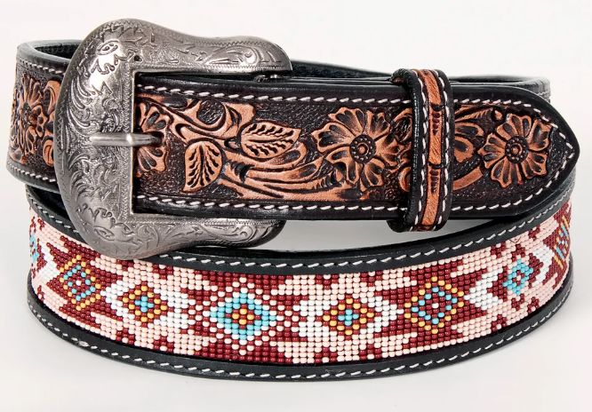 FLORAL BEADED LEATHER BELT