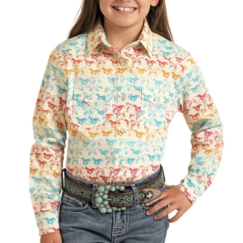 PANHANDLE GIRL&#39;S HORSE PRINT L/S SNAP SHIRT