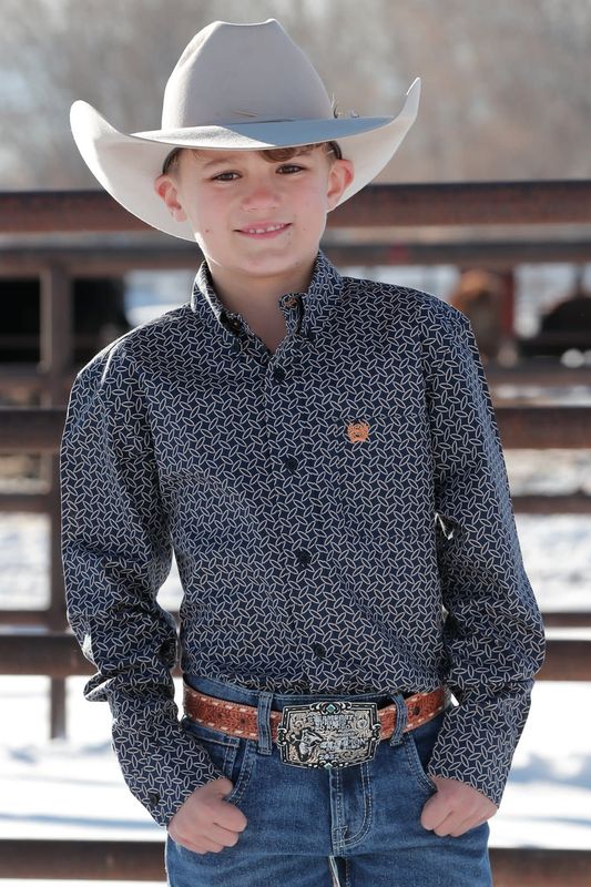 CINCH BOY&#39;S LONG SLEEVE NAVY PRINT WESTERN SHIRT