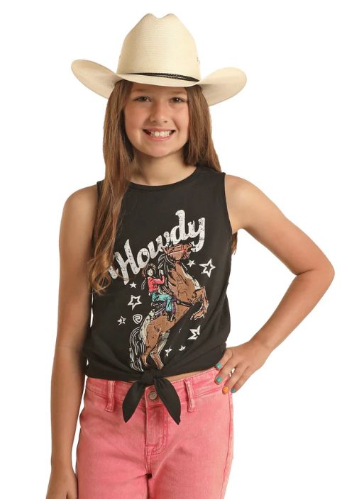 BG20T03623 ROCK &amp; ROLL GIRL'S GRAPHIC TANK W/TIE - BLACK