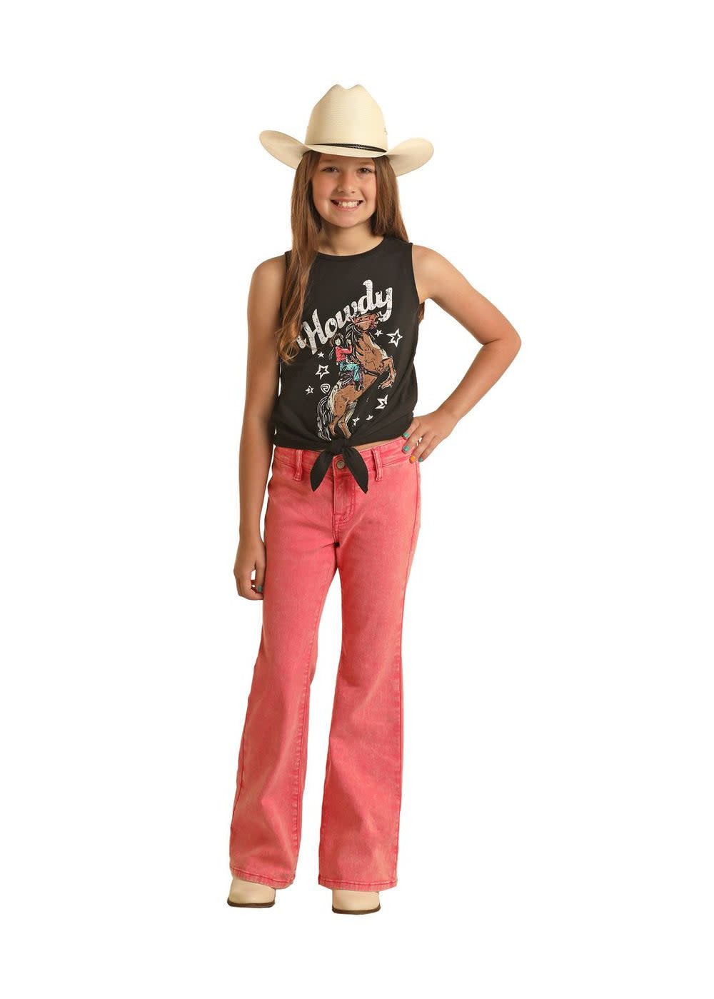 BG6PD03586 ROCK &amp; ROLL GIRL&#39;S PINK DISTRESSED BUTTON FLARE JEANS