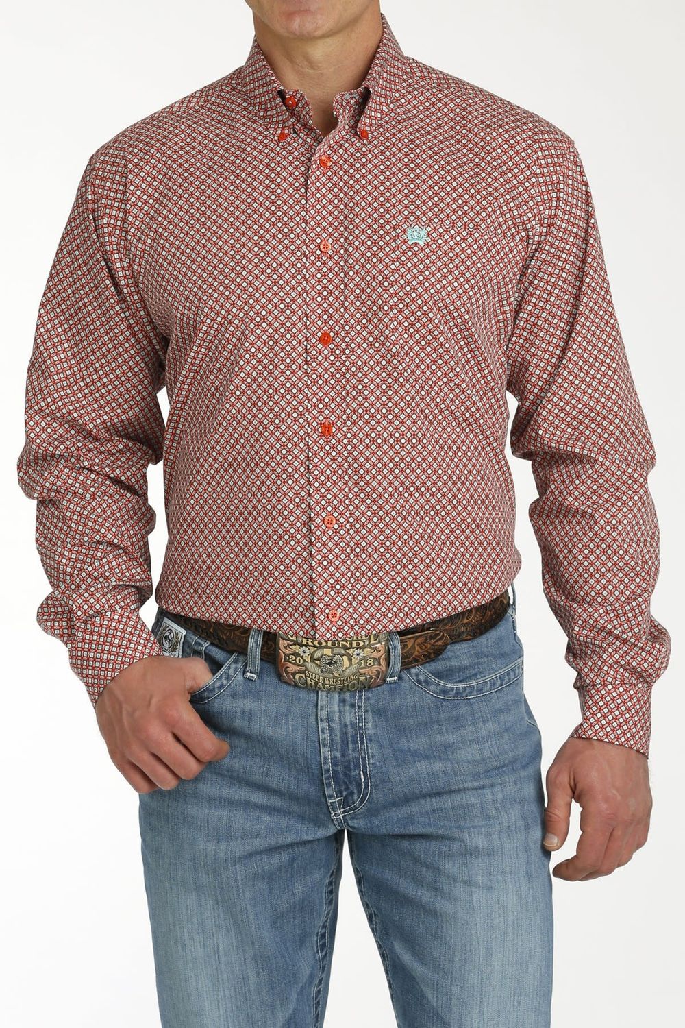 CINCH RED W/TURQUOISE DIAMOND PRINT BUTTON DOWN SHIRT