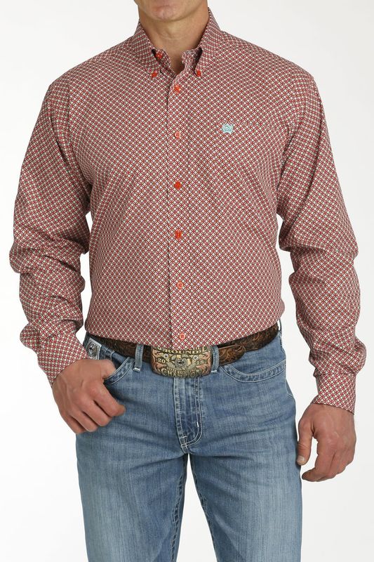 CINCH RED W/TURQUOISE DIAMOND PRINT BUTTON DOWN SHIRT