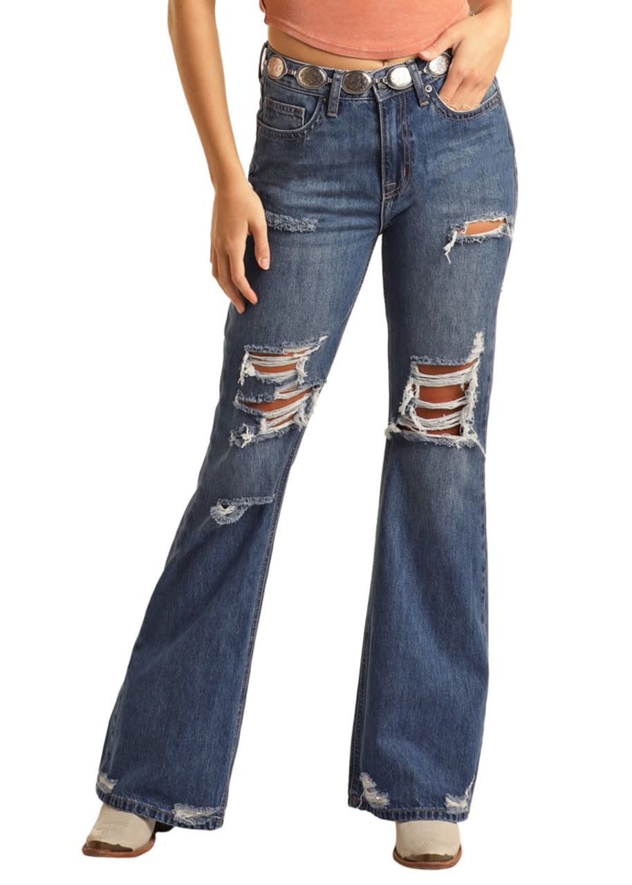 ROCK &amp; ROLL WOMEN&#39;S DISTRESSED DENIM SLIM FIT FLARE JEANS