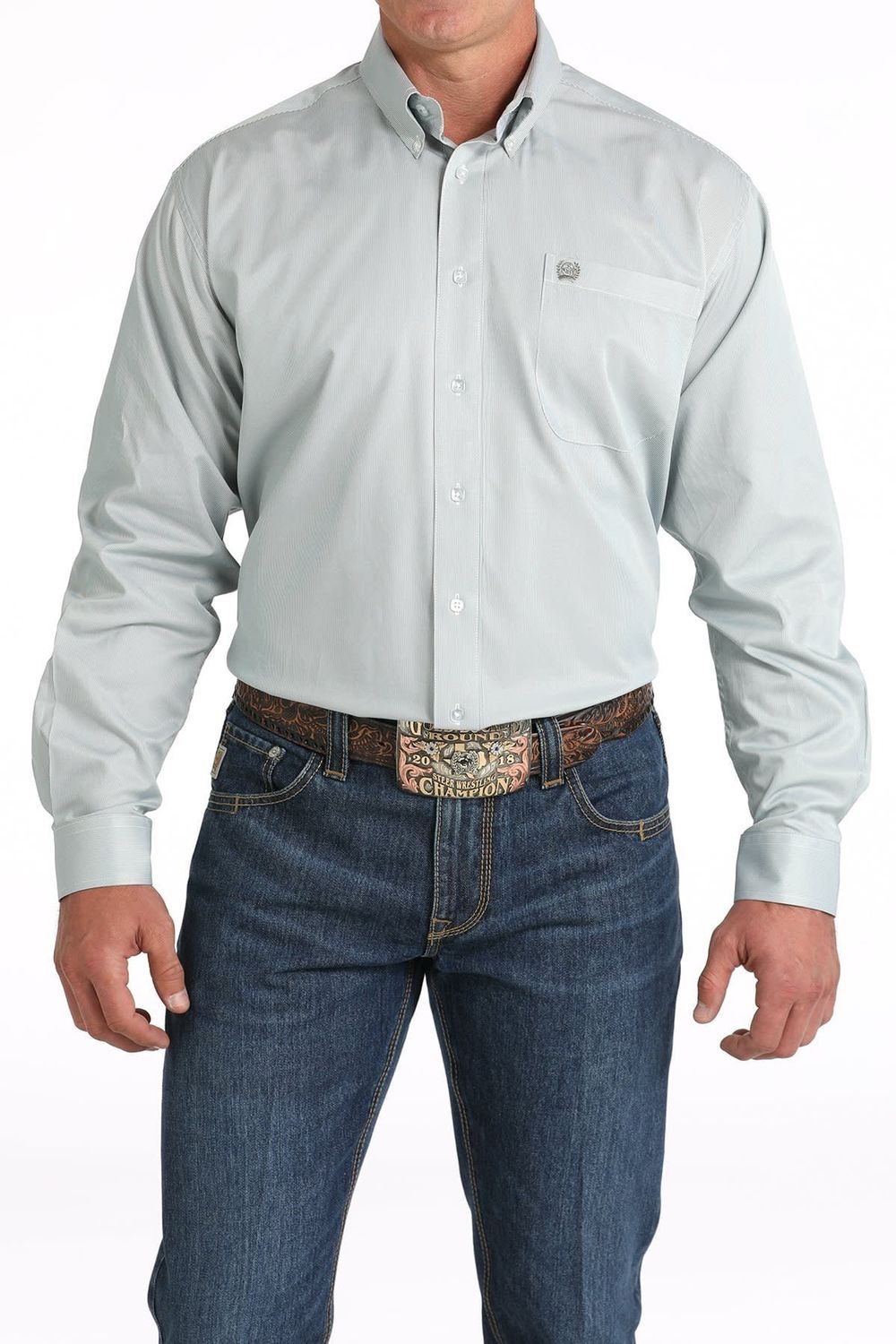 CINCH TENCEL™ MICRO-STRIPE BUTTON DOWN SHIRT- GREEN/WHITE