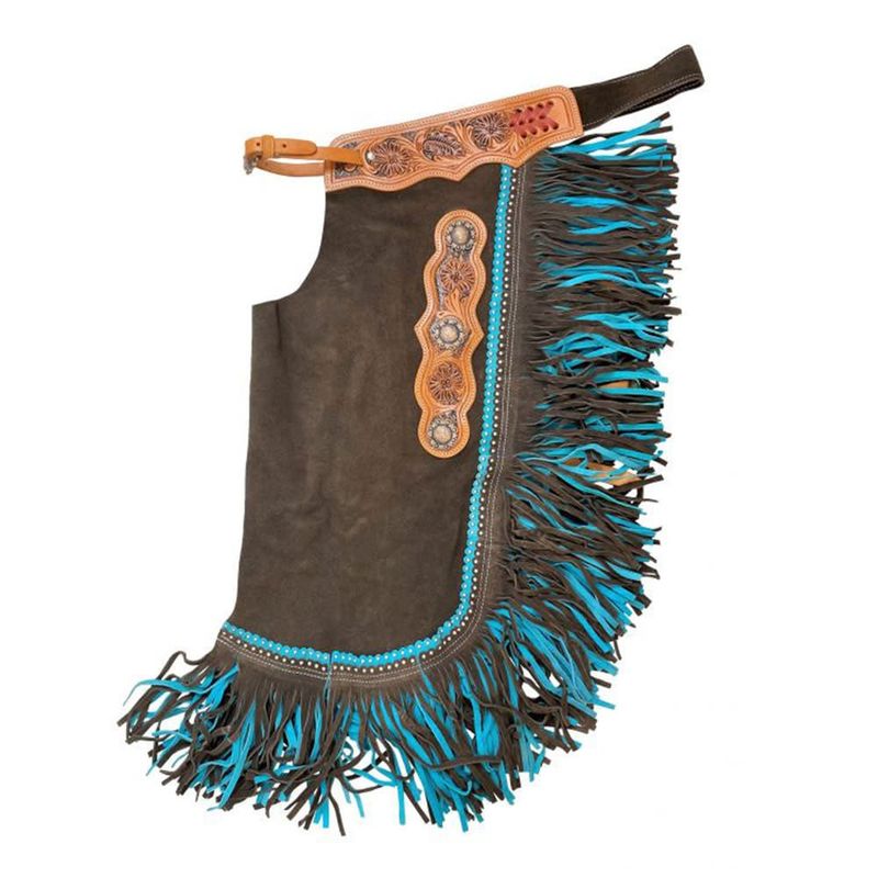 SHOWMAN BROWN SUEDE LEATHER CHINKS W/BLUE FRINGE