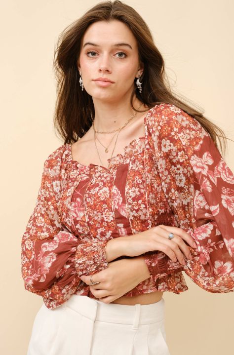 CHIFFON PIPING FRILL SMOCKED BACK BLOUSE