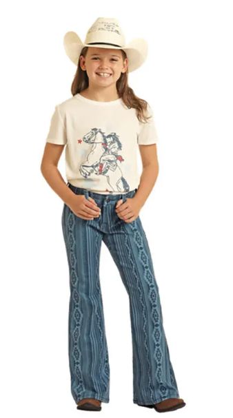 ROCK &amp; ROLL GIRL'S BLUE AZTEC BUTTON FLARE JEAN