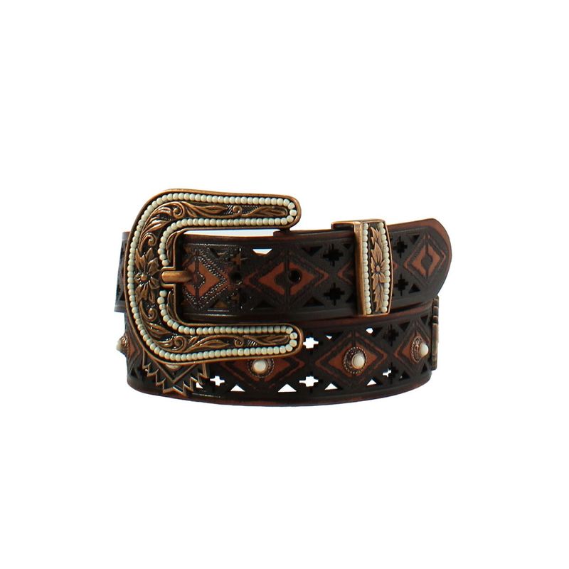 D140015102 ANGEL RANCH WOMEN&#39;S AZTEC LEATHER CONCHO BELT