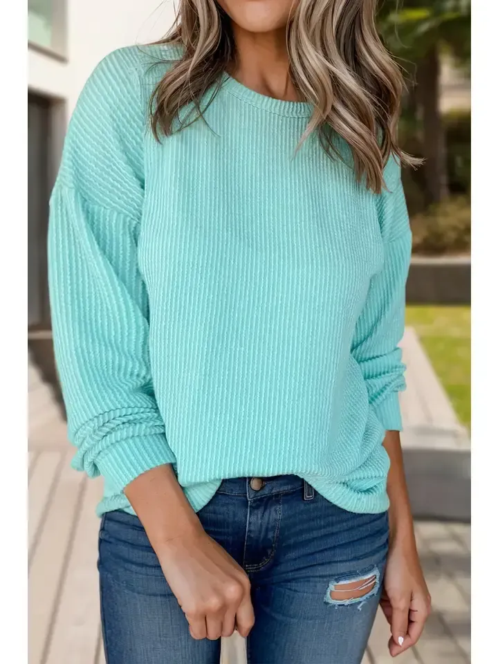 CORDED CASUAL ROUND NECK LONG SLEEVE TOP
