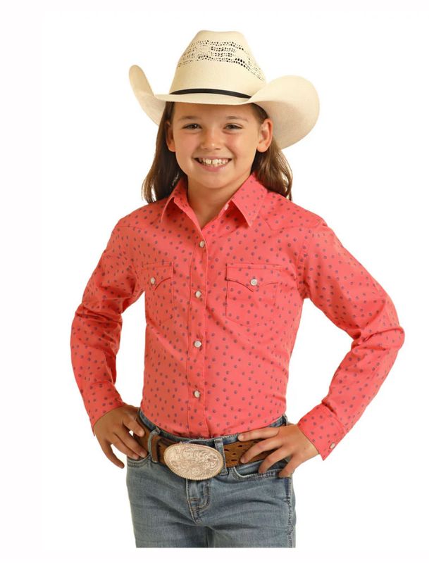 PANHANDLE GIRL&#39;S CORAL LONG SLEEVE SNAP SHIRT