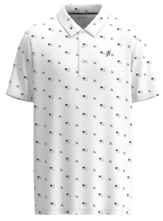 HP024WH HOOEY MEN&#39;S &quot;THE WEEKENDER&quot; WHITE W/FLAG PATTERN POLO