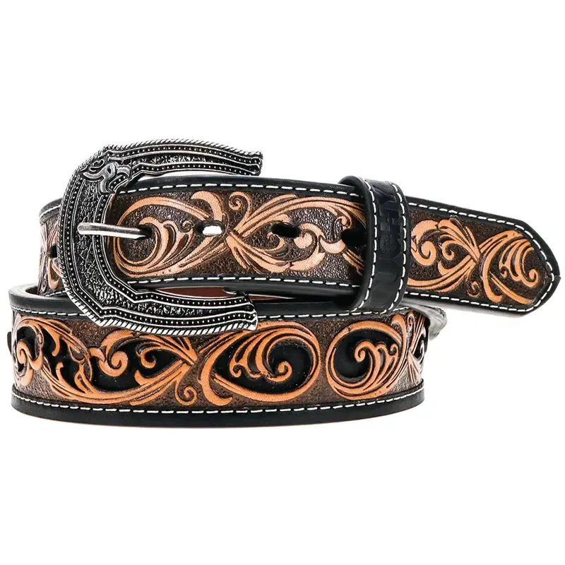 HOOEY &quot;CHEATAM&quot; BROWN/BLACK HAND TOOLED ROUGHY BELT