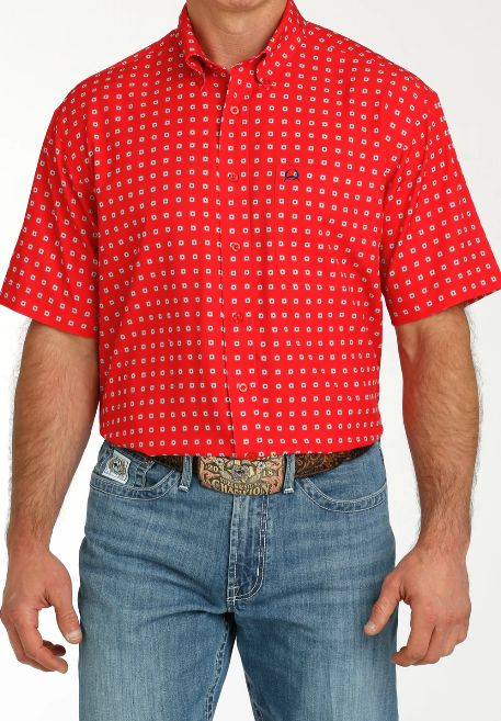 MTW1704137 CINCH MEN&#39;S ARENAFLEX RED PRINT SHORT SLEEVE SHIRT