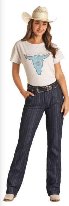 ROCK &amp; ROLL JAQUARED STRIPE HIGH RISE BOOT JEAN