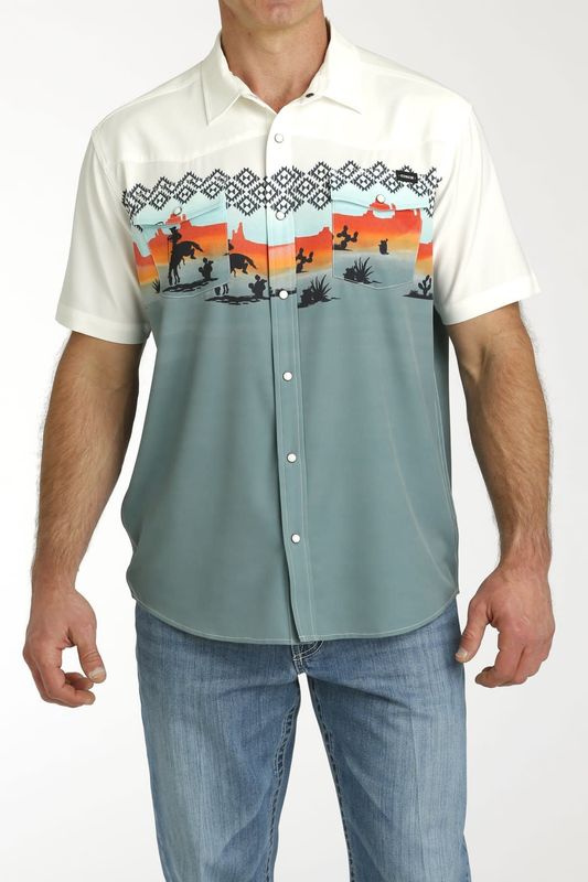 MTW1402004 CINCH MEN&#39;S BORDER PRINT VINTAGE WESTERN CAMP SHIRT