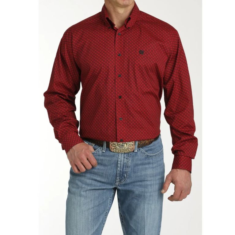 CINCH MEN&#39;S RED/BLACK PRINT BUTTON DOWN SHIRT