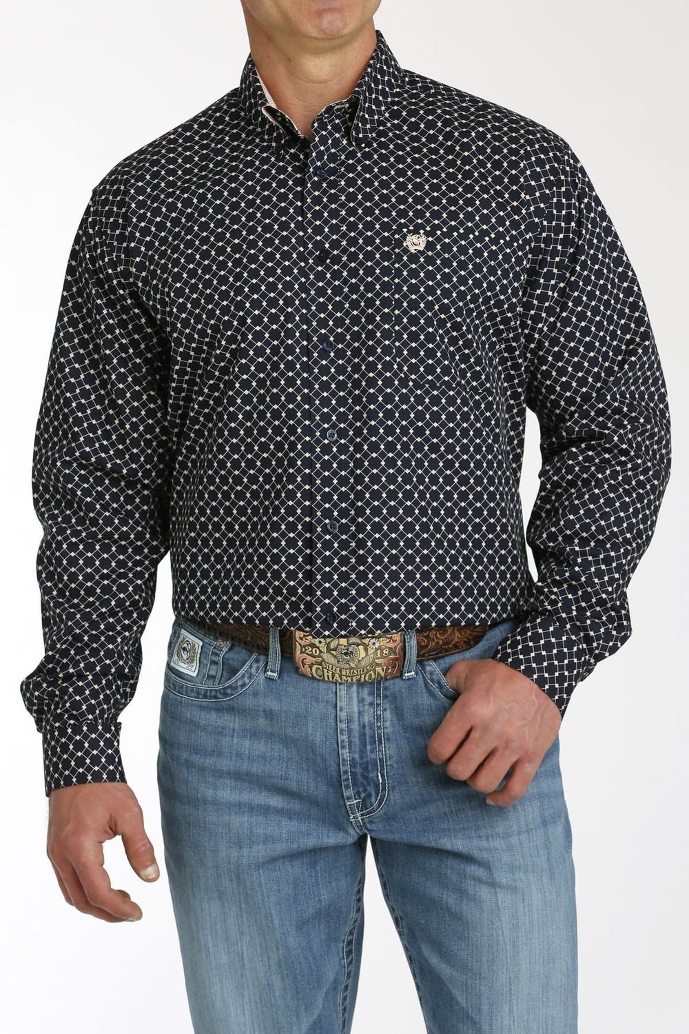 CINCH MEN&#39;S DIAMOND PRINT BUTTON DOWN SHIRT- NAVY