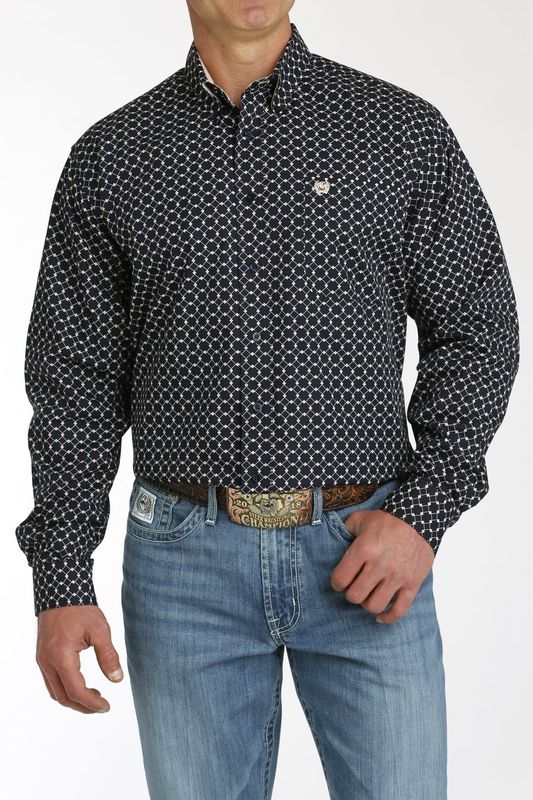 CINCH MEN&#39;S DIAMOND PRINT BUTTON DOWN SHIRT- NAVY