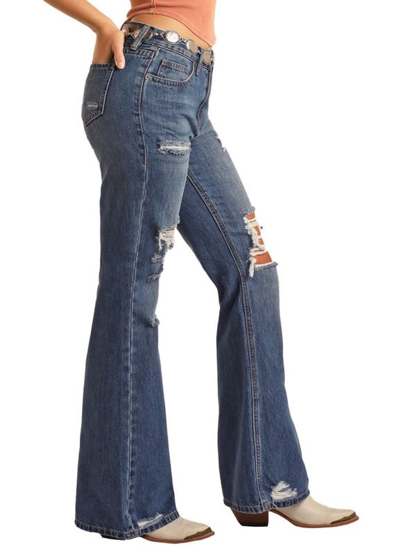 ROCK &amp; ROLL WOMEN'S DISTRESSED DENIM SLIM FIT FLARE JEANS