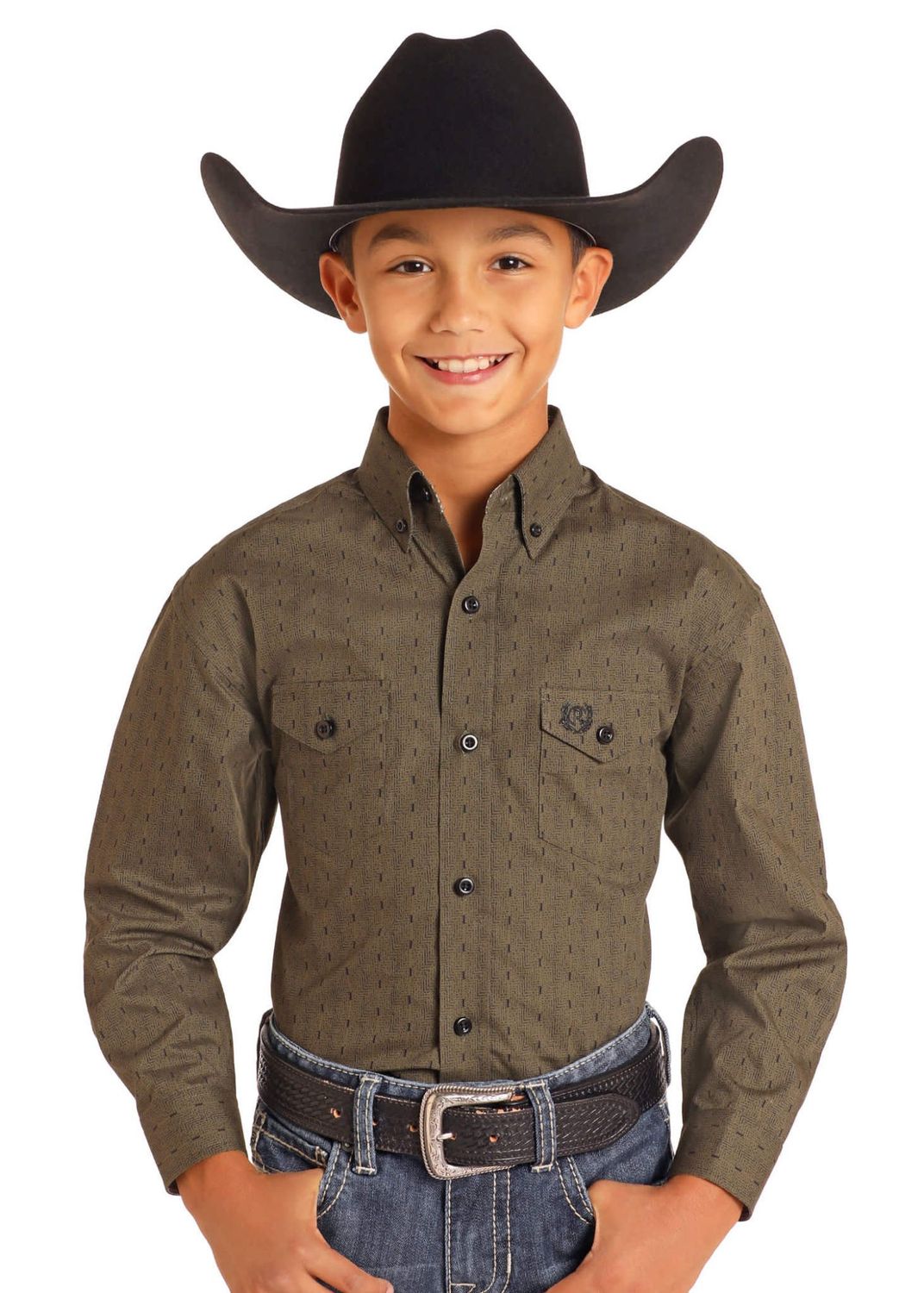 PANHANDLE BOY&#39;S MINI PRINT 2 POCKET WESTERN SHIRT- OLIVE