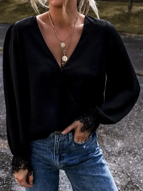 CLASSIC LACE CROCHET CUFF V NECK BLOUSE
