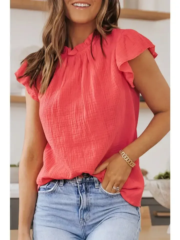 FLUTTER SLEEVE FRILLED NECK BLOUSE