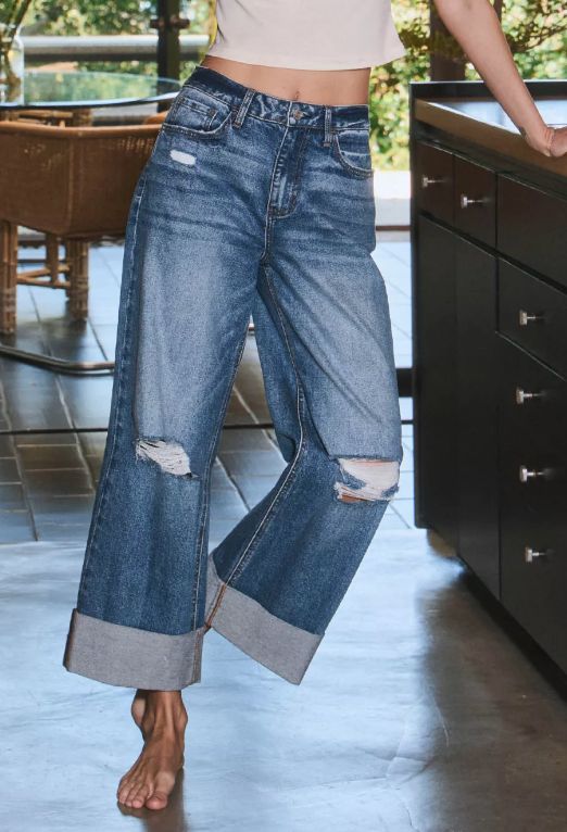 LOVERVET WOMEN'S SUPER HIGH RISE CUFF BAGGY WIDE JEANS