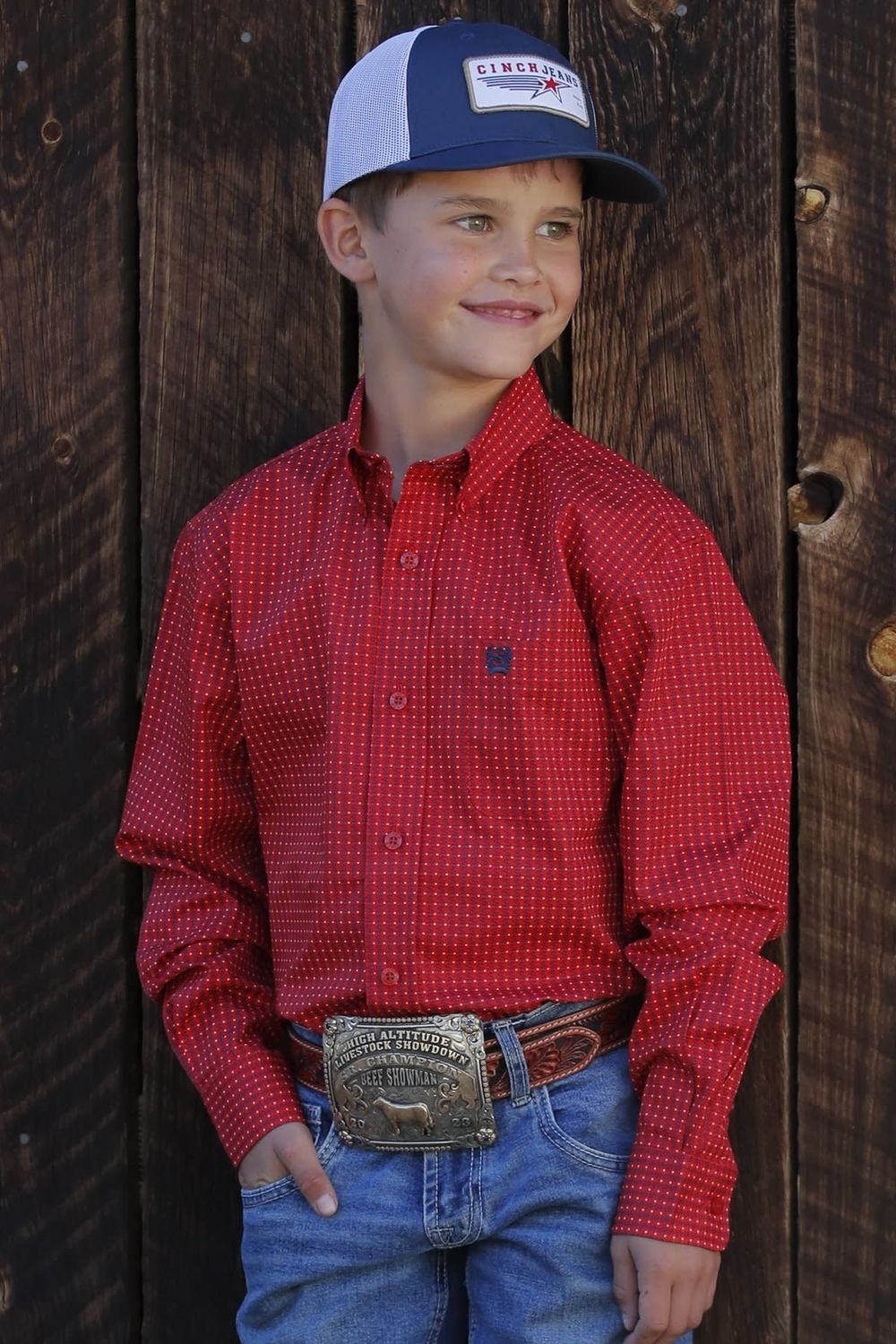 CINCH BOY&#39;S MONEY PRINT BUTTON DOWN SHIRT- RED