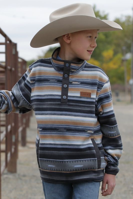 CINCH BOY&#39;S FLEECE PULLOVER- BLACK/GRAY/TAN