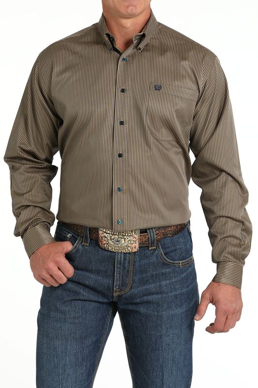 CINCH MEN&#39;S TENCEL™ STRIPE BUTTON DOWN SHIRT- BROWN/NAVY