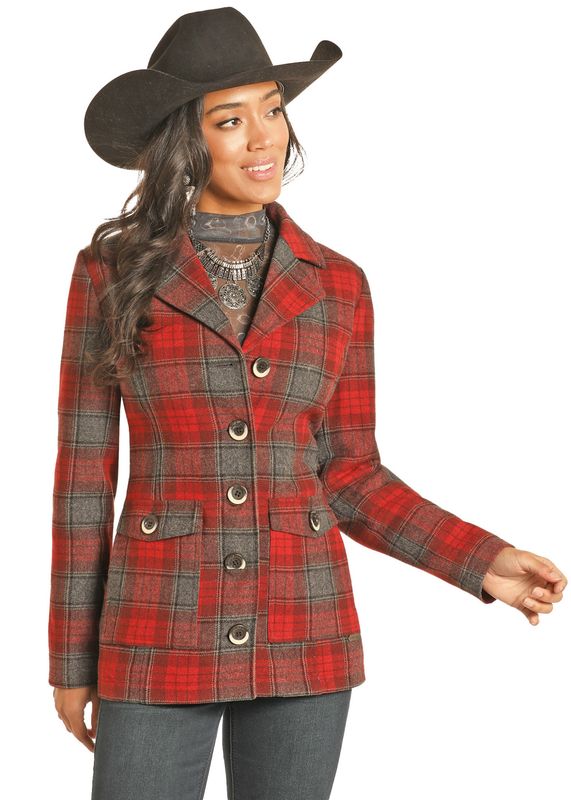 POWDER RIVER WOMEN&#39;S PLAID WOOL COAT WITH COLLAR