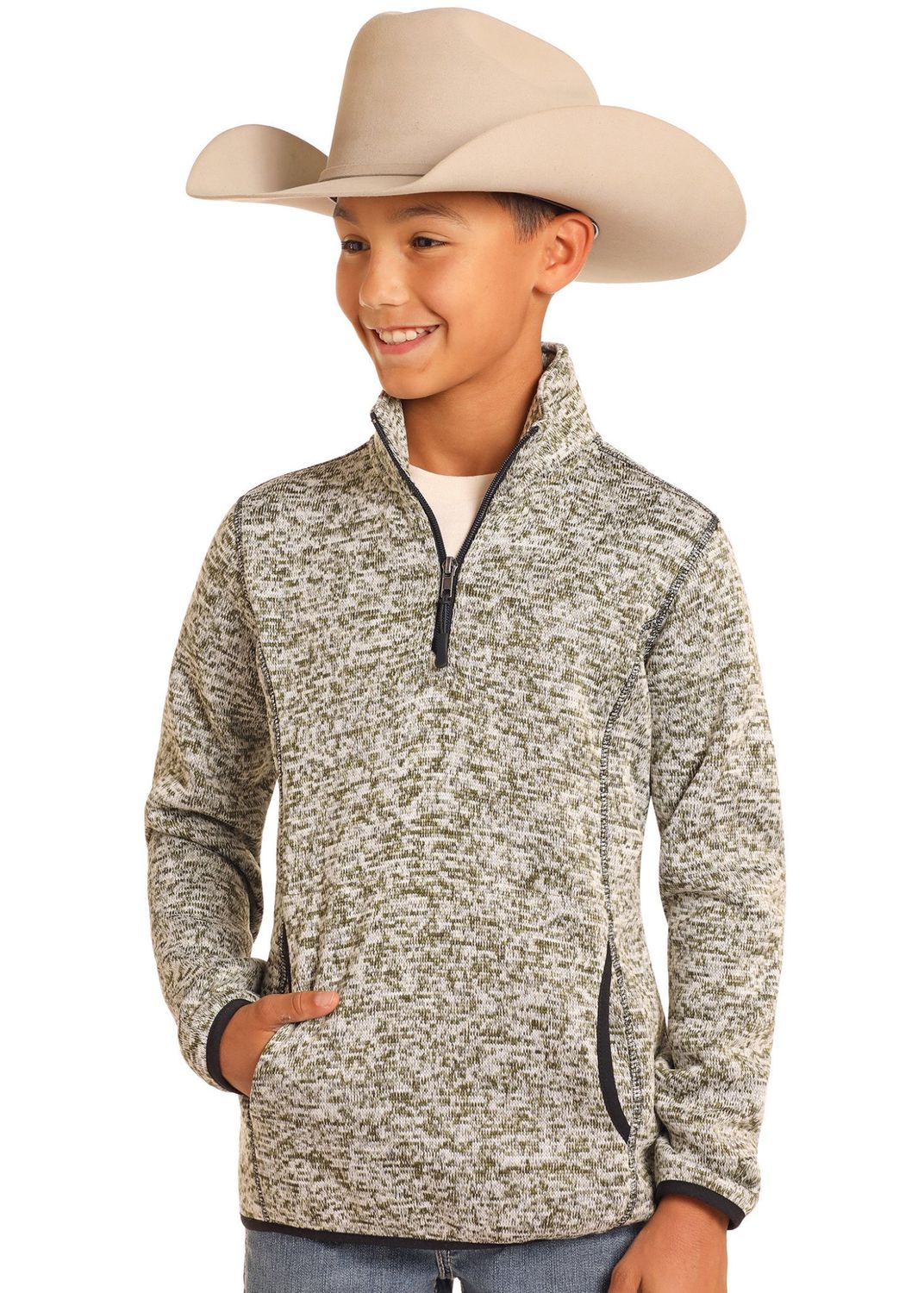 POWDER RIVER BOY&#39;S MELANGE PULLOVER- OLIVE
