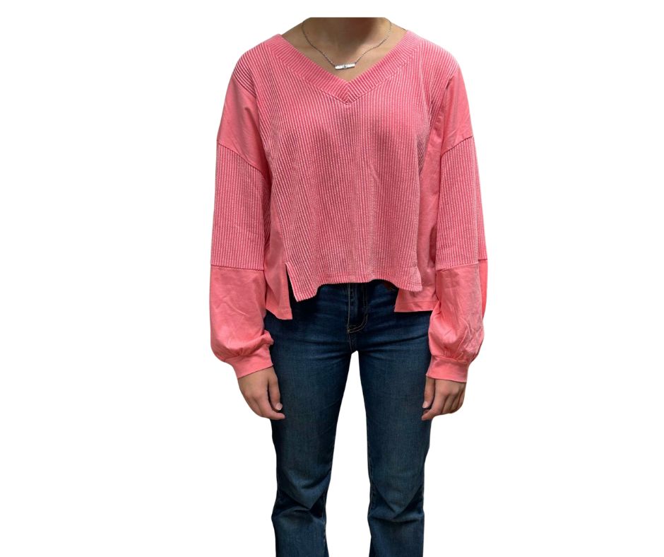 V-NECK RIBBED BUBBLE SLEEVE TOP