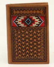 ARIAT AZTEC INLAY TAN BASKETWEAVE TRIFOLD WALLET