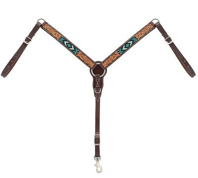 WEAVER PONY BREAST COLLAR TURQUOISE BEADED FLORAL CARVED ACCENTS