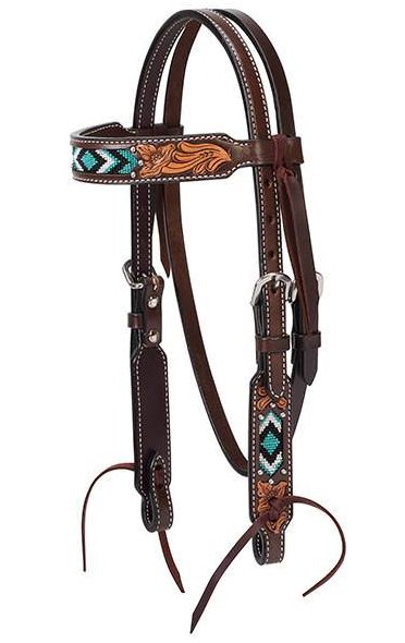 WEAVER PONY BROW BAND HEADSTALL TURQUOISE BEADED FLORAL CARVED ACCENTS