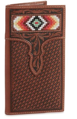 NOCONA TAN BASKETWEAVE W/AZTEC DIAMOND BEAD INLAY RODEO WALLET