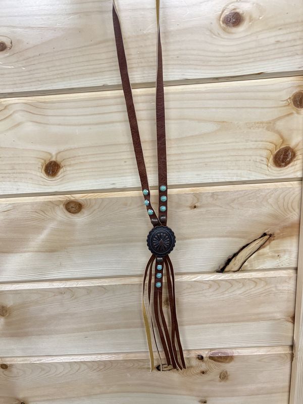 CROOKED FENCE LONG LEATHER CONCHO NECKLACE OVAL