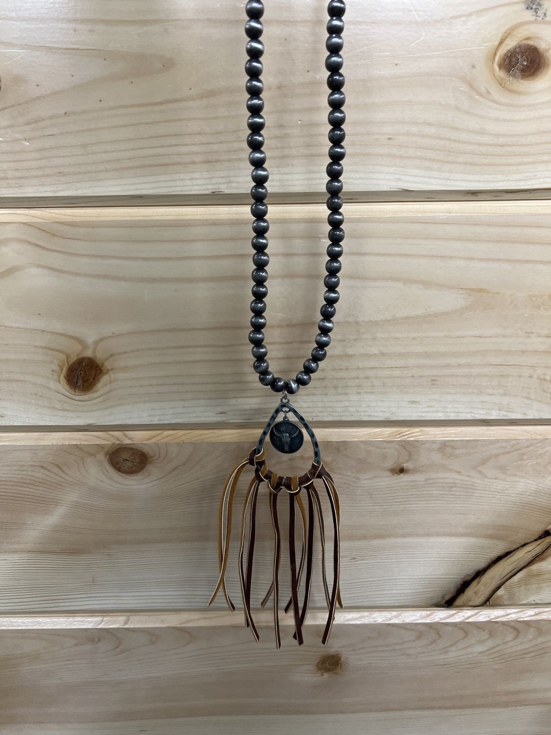 LONG SILVER BEAD NECKLACE STEER HEAD TEAR DROP W/LEATHER