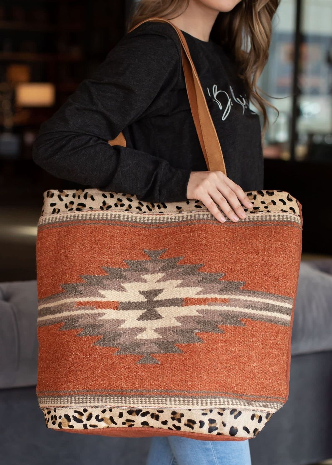 WOVEN AZTEC WITH LEOPARD TOTE BAG