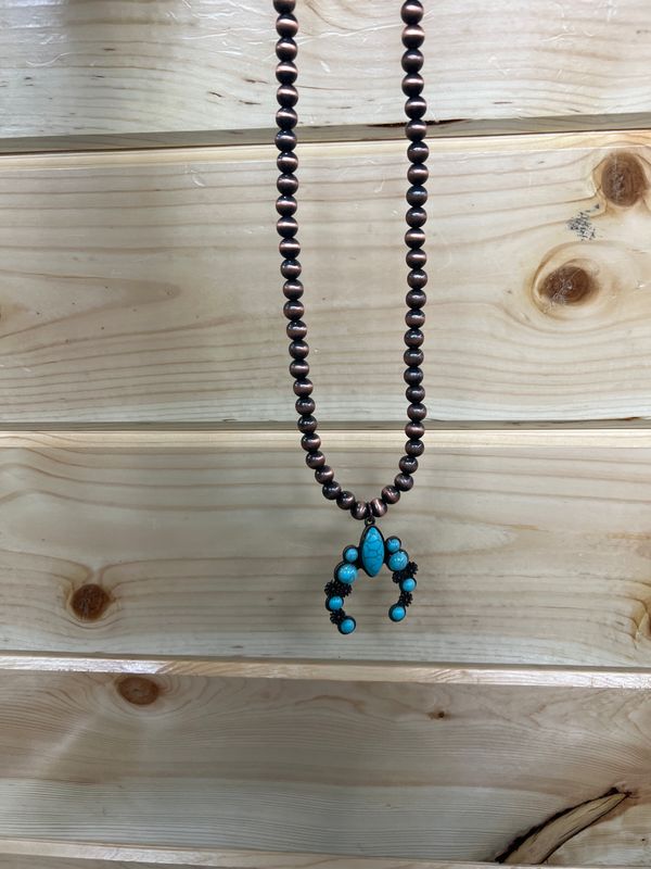 LONG COPPER BEAD NECKLACE W/HORSESHOE TURQ BEADS