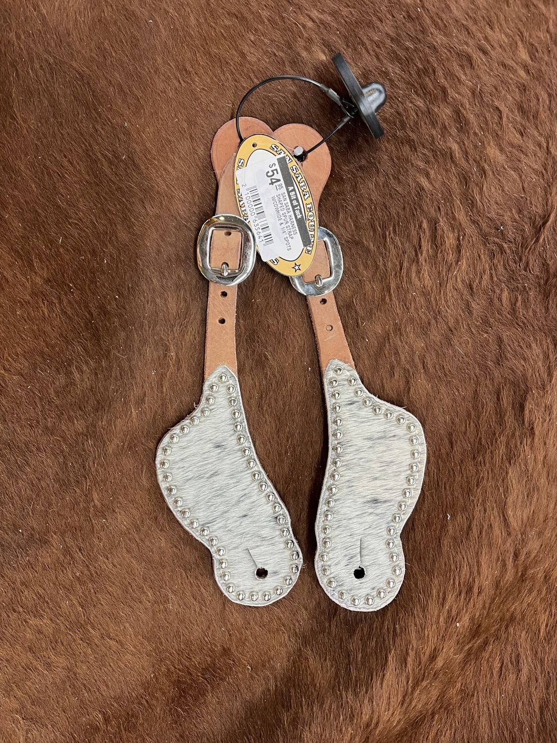 SAN SABA HARNESS SHAPED SPUR STRAP W/COWHIDE &amp; 1/4&quot; SPOTS