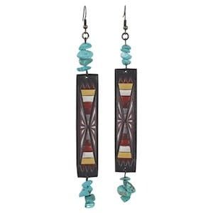 EARRINGS LEATHER W/AZTEC PATTERN &amp; TURQ NUGGETS