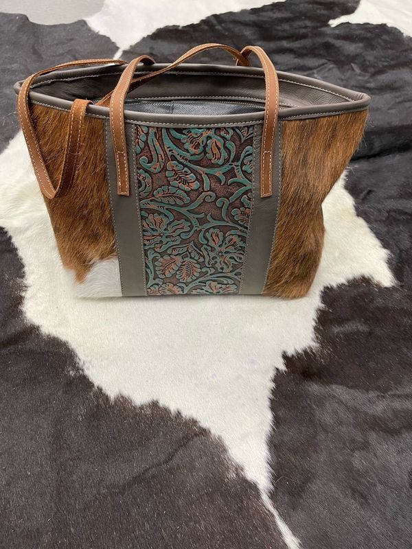 COWHIDE AND ITALIAN LEATHER PRINT OVER THE SHOULDER PURSE