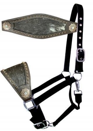 NYLON BRONC HALTER W/HAIR ON HIDE INLAY