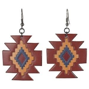 EARRINGS LEAHTER AZTEC DESIGN W/RUST, YELLOW, BLUE